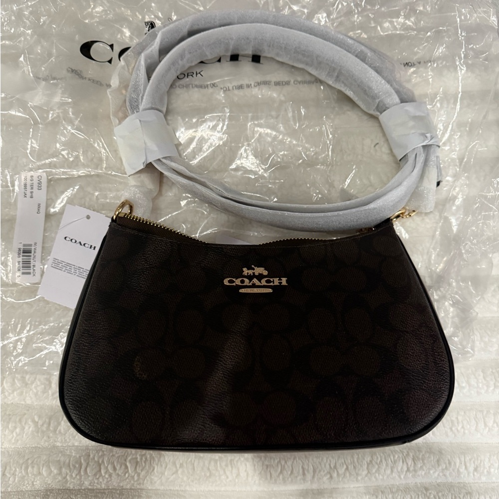 COACH Dark Brown Signature Shoulder Bag with Gold Hardware - Picture 2 of 5